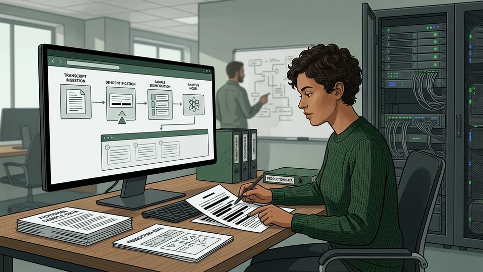 Uma mulher com cabelos cacheados e suéter verde trabalha em um escritório, revisando um fluxo de preparação de dados para IA em um monitor de computador, com papéis na mesa e servidores ao fundo.