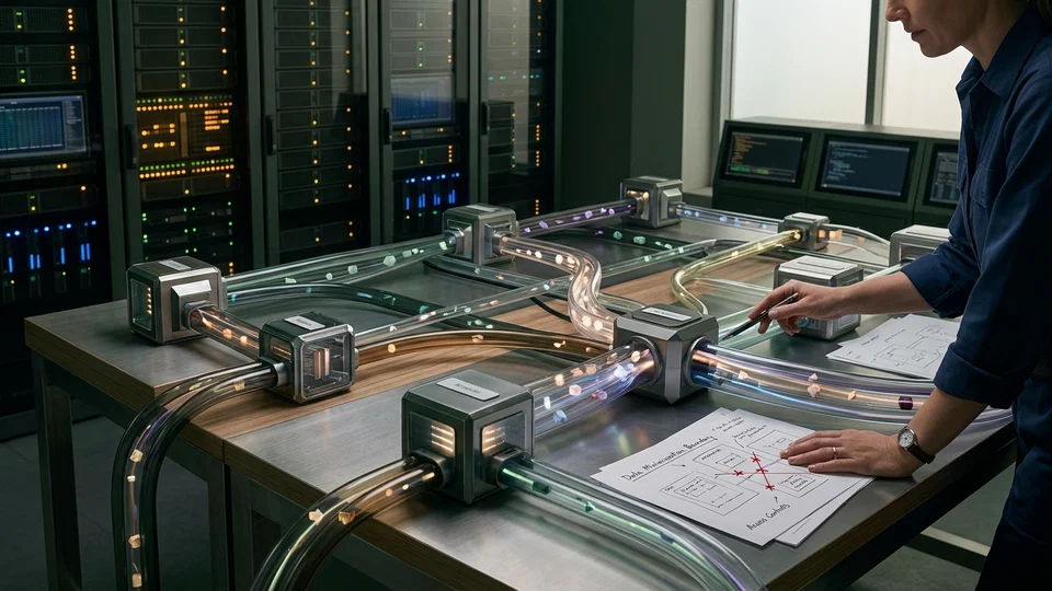 A specialist analyzes a physical model of interconnected transparent tubes carrying glowing particles on a table, with servers in the background, illustrating data flow and security boundaries.