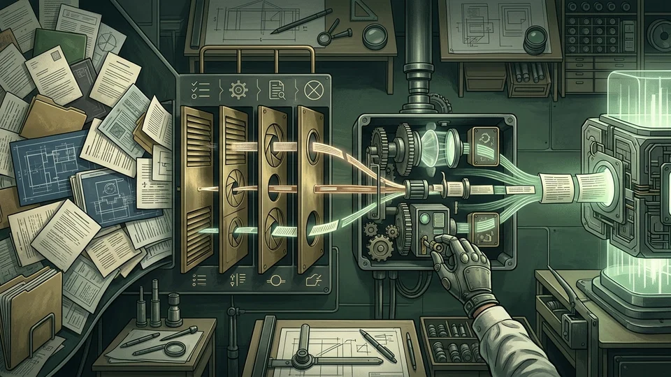 Ilustração conceitual de um fluxo de dados onde uma pilha desordenada de documentos passa por painéis de filtragem e lentes mecânicas, afunilando as informações em um único feixe preciso controlado por um operador.