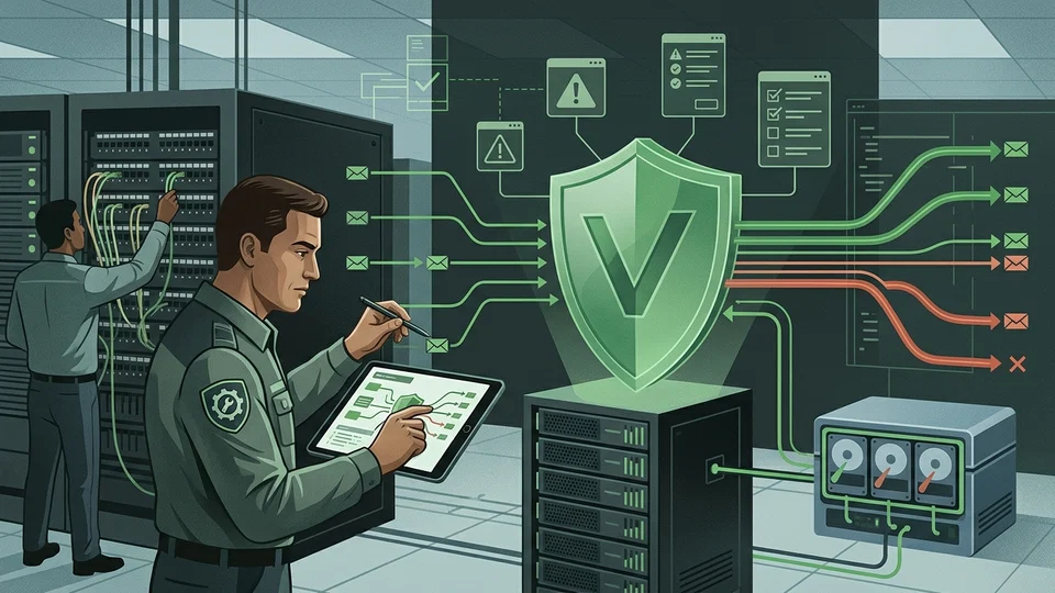 Dois técnicos em um data center monitoram a segurança de rede através de um tablet e servidores, representados por um fluxo de dados passando por um escudo verde de validação.