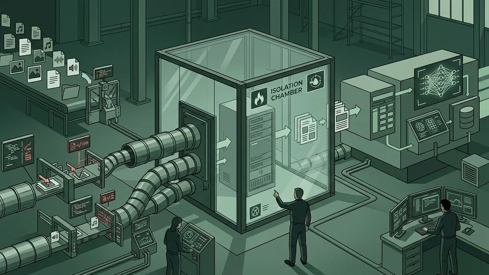 Ilustração isométrica de uma fábrica de dados onde arquivos de mídia entram por tubulações em uma câmara de isolamento de vidro com servidores, antes de seguirem para o processamento de inteligência artificial.