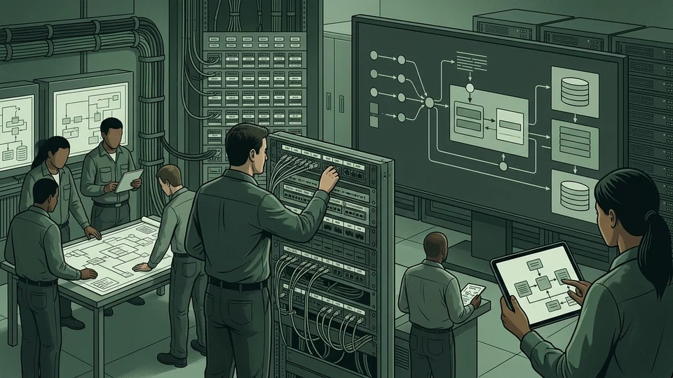 Ilustração em tons de verde de uma equipe técnica em uma sala de servidores analisando diagramas de arquitetura de rede em telas, tablets e em uma grande mesa digitalizadora.